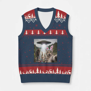 Funny Cat Selfie with Easter Bunny Bigfoot UFO V-Neck Knit Sweater Vest TS11 Navy Red Print Your Wear