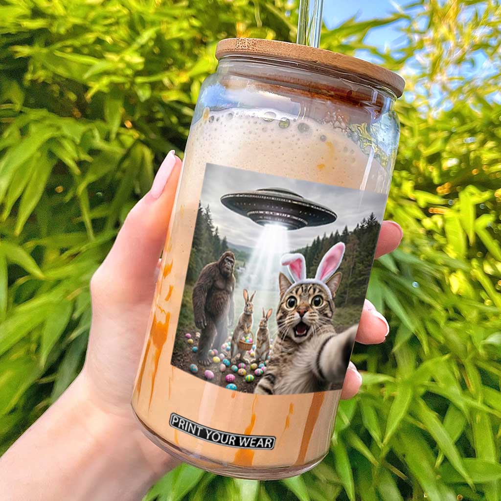Funny Cat Selfie with Easter Bunny Bigfoot UFO Glass Can TS11 Black Print Your Wear