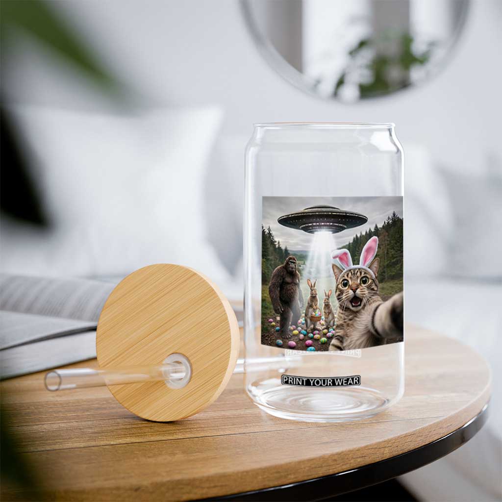 Funny Cat Selfie with Easter Bunny Bigfoot UFO Glass Can TS11 Print Your Wear