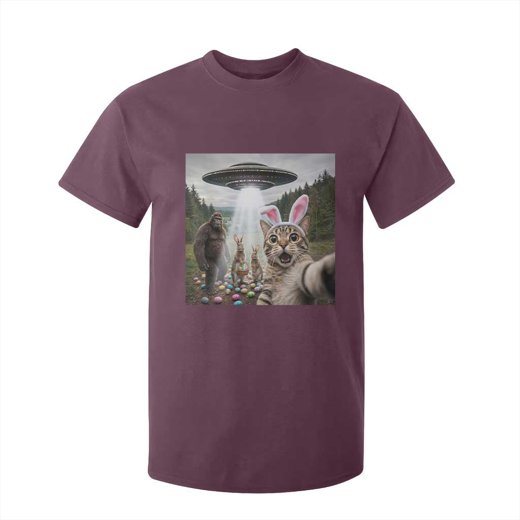 Funny Cat Selfie with Easter Bunny Bigfoot UFO T Shirt For Kid TS11 Maroon Print Your Wear