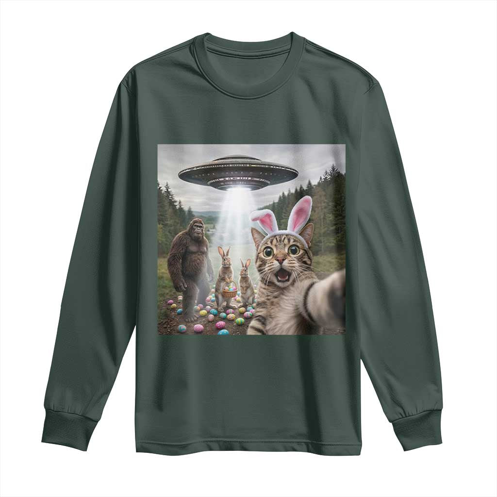 Funny Cat Selfie with Easter Bunny Bigfoot UFO Long Sleeve Shirt TS11 Dark Forest Green Print Your Wear