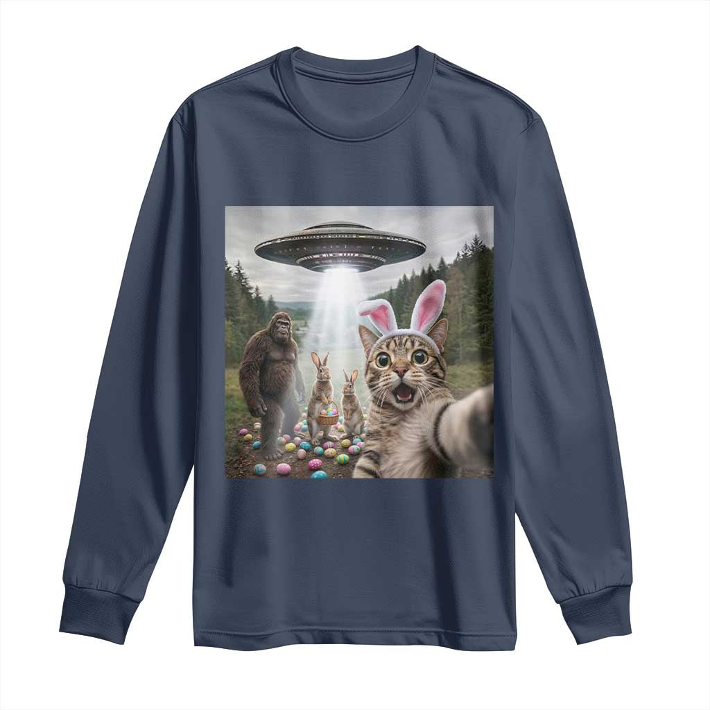 Funny Cat Selfie with Easter Bunny Bigfoot UFO Long Sleeve Shirt TS11 Navy Print Your Wear