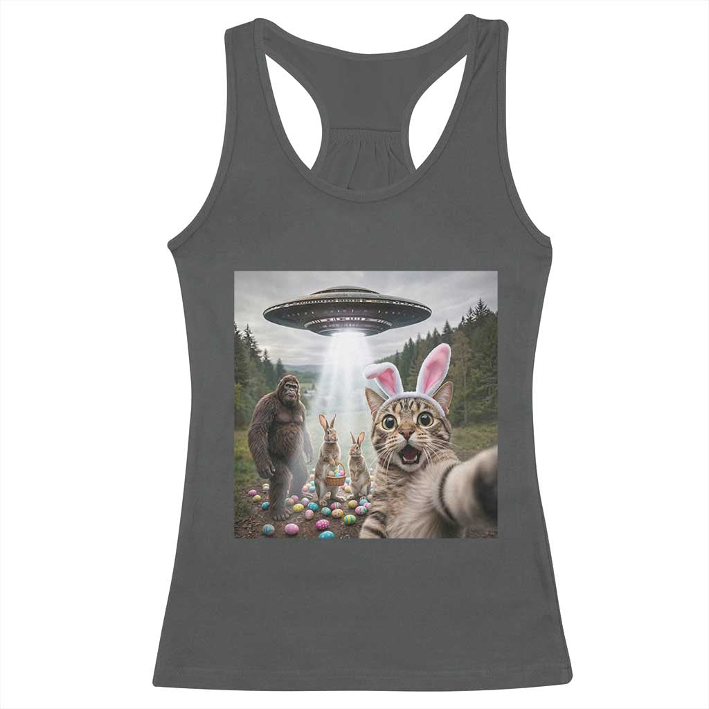Funny Cat Selfie with Easter Bunny Bigfoot UFO Racerback Tank Top TS11 Dark Heather Print Your Wear