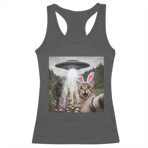 Funny Cat Selfie with Easter Bunny Bigfoot UFO Racerback Tank Top TS11 Dark Heather Print Your Wear