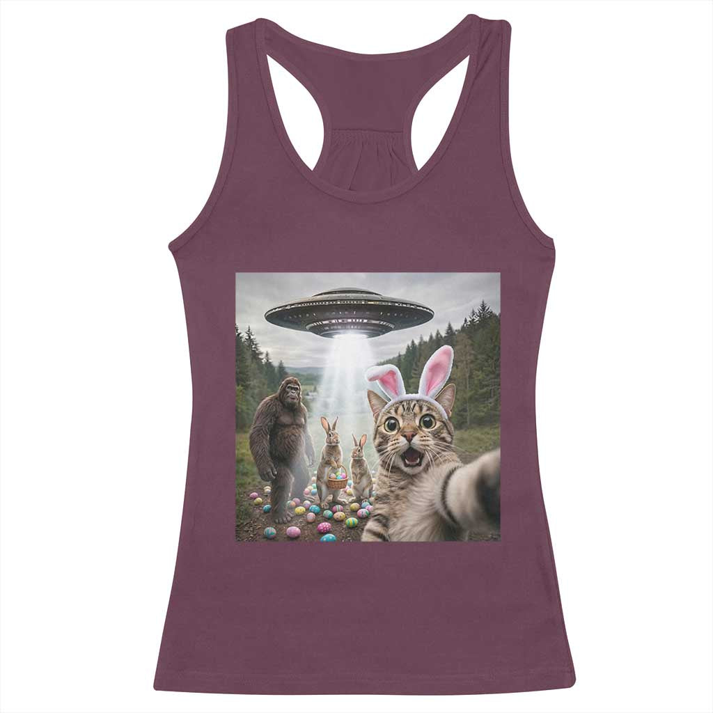 Funny Cat Selfie with Easter Bunny Bigfoot UFO Racerback Tank Top TS11 Maroon Print Your Wear