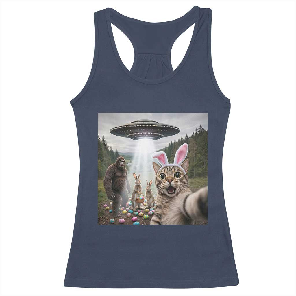 Funny Cat Selfie with Easter Bunny Bigfoot UFO Racerback Tank Top TS11 Navy Print Your Wear