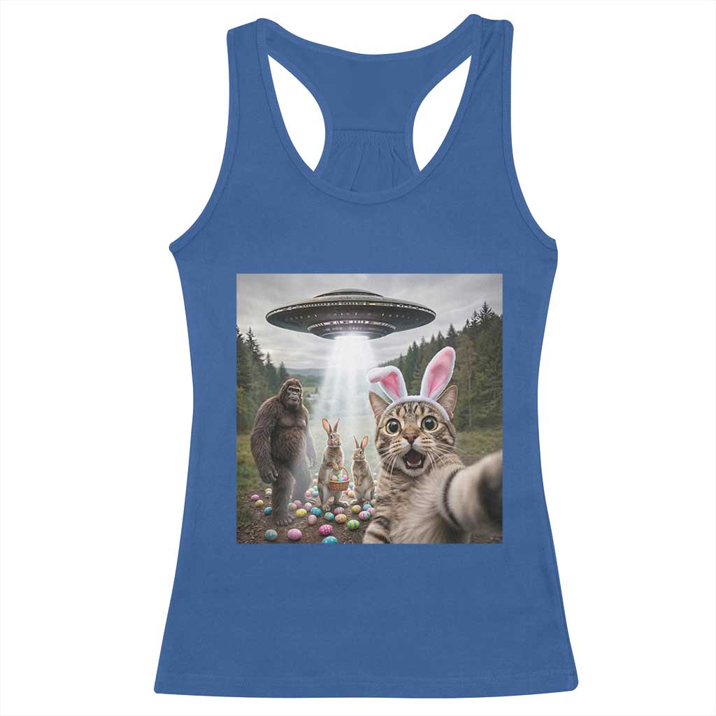 Funny Cat Selfie with Easter Bunny Bigfoot UFO Racerback Tank Top TS11 Royal Blue Print Your Wear