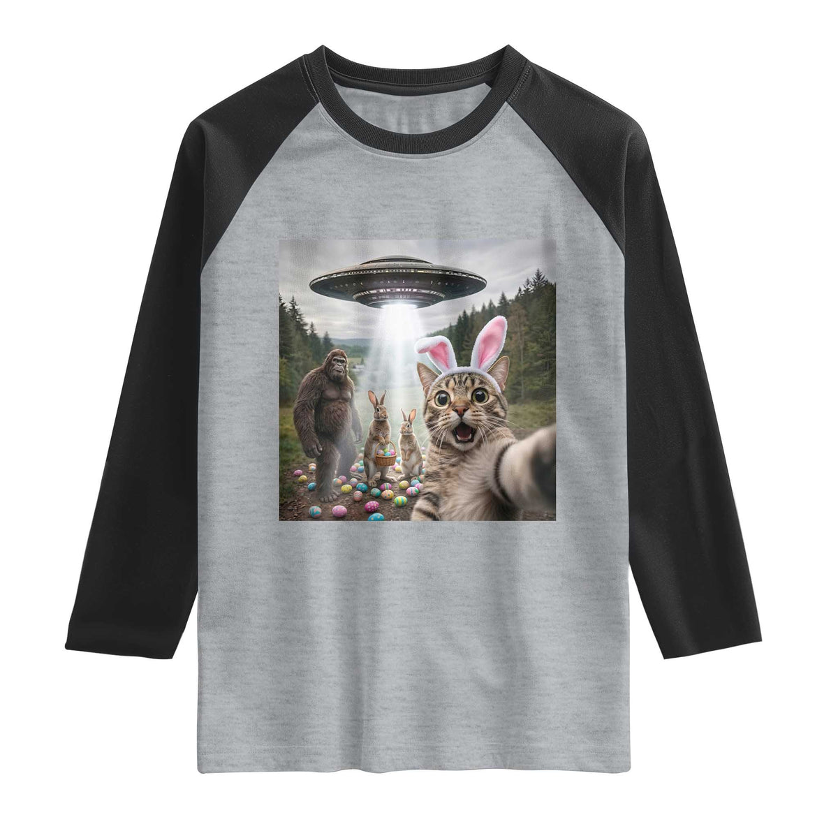 Funny Cat Selfie with Easter Bunny Bigfoot UFO Raglan Shirt TS11 Heather Gray Black Print Your Wear