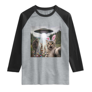 Funny Cat Selfie with Easter Bunny Bigfoot UFO Raglan Shirt TS11 Heather Gray Black Print Your Wear