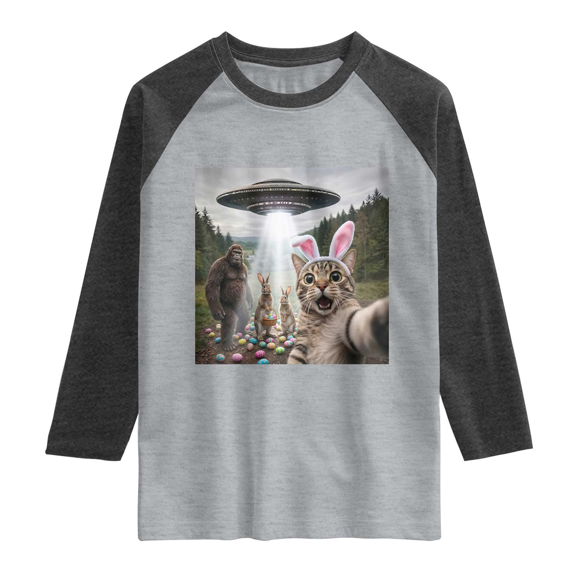 Funny Cat Selfie with Easter Bunny Bigfoot UFO Raglan Shirt TS11 Heather Gray Heather Charcoal Print Your Wear