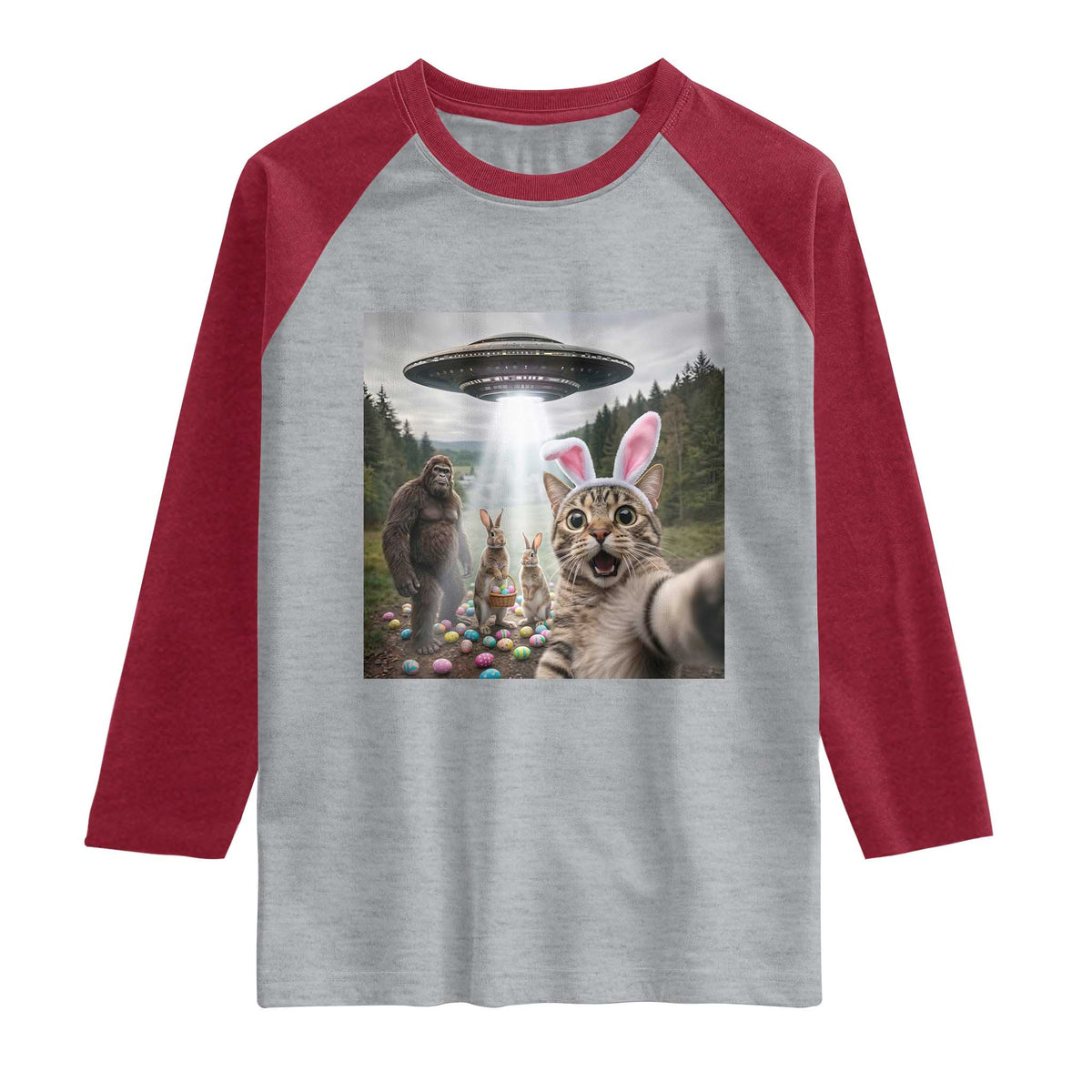 Funny Cat Selfie with Easter Bunny Bigfoot UFO Raglan Shirt TS11 Heather Gray Heather Red Print Your Wear