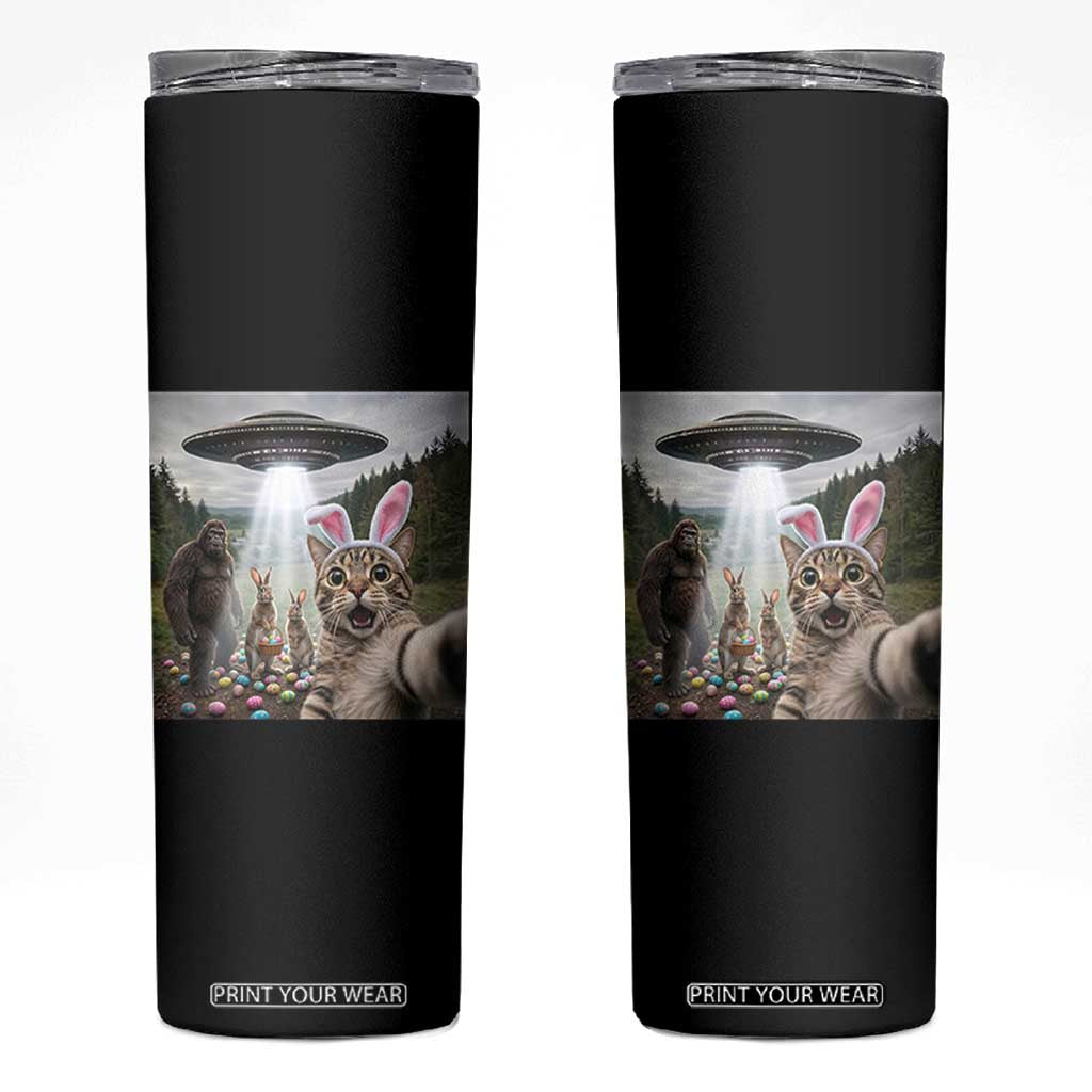 Funny Cat Selfie with Easter Bunny Bigfoot UFO Skinny Tumbler TS11 Black Print Your Wear