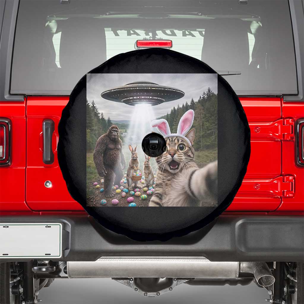 Funny Cat Selfie with Easter Bunny Bigfoot UFO Spare Tire Cover TS11 Black Print Your Wear