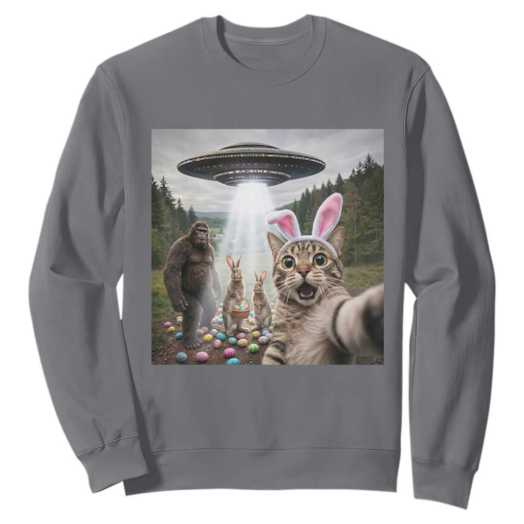 Funny Cat Selfie with Easter Bunny Bigfoot UFO Sweatshirt TS11 Charcoal Print Your Wear