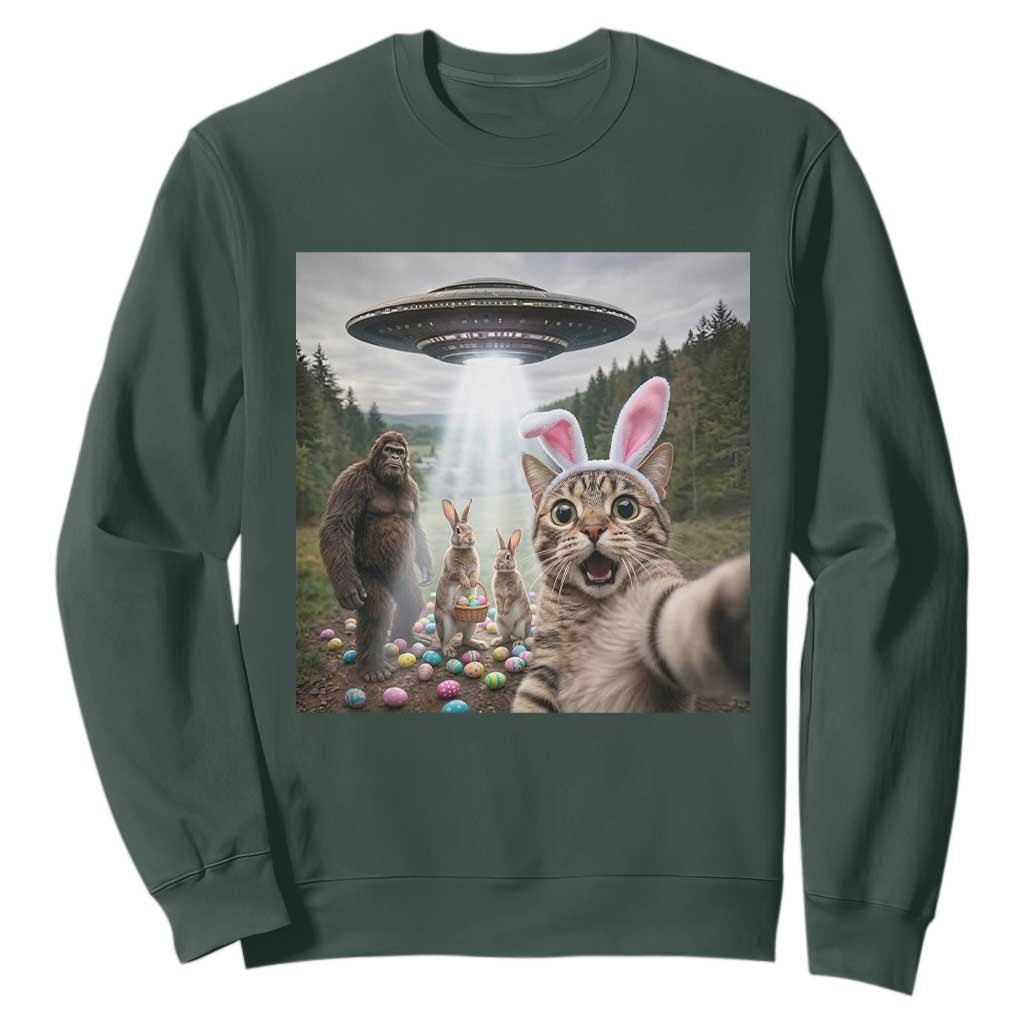 Funny Cat Selfie with Easter Bunny Bigfoot UFO Sweatshirt TS11 Dark Forest Green Print Your Wear