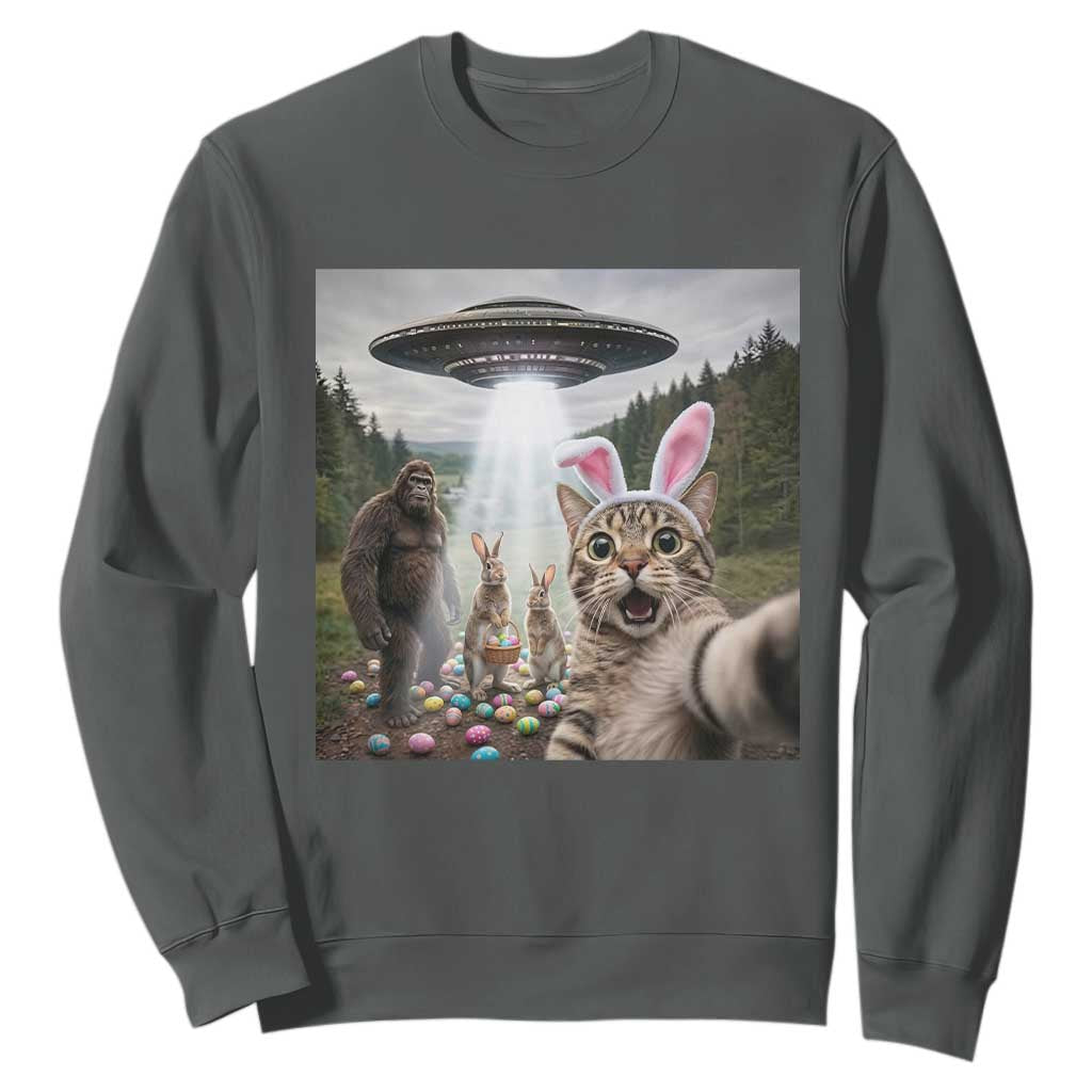 Funny Cat Selfie with Easter Bunny Bigfoot UFO Sweatshirt TS11 Dark Heather Print Your Wear