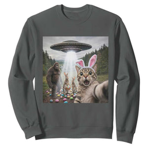 Funny Cat Selfie with Easter Bunny Bigfoot UFO Sweatshirt TS11 Dark Heather Print Your Wear