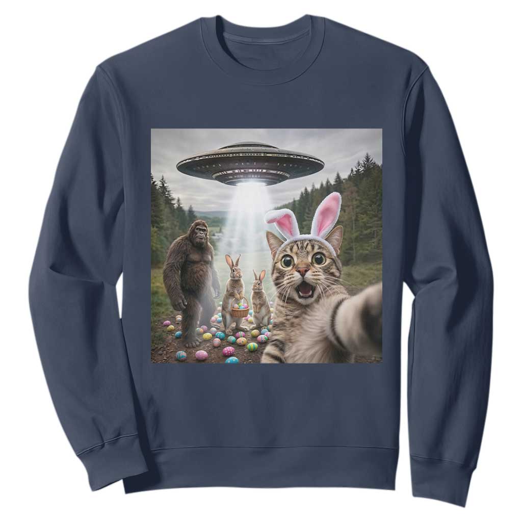 Funny Cat Selfie with Easter Bunny Bigfoot UFO Sweatshirt TS11 Navy Print Your Wear