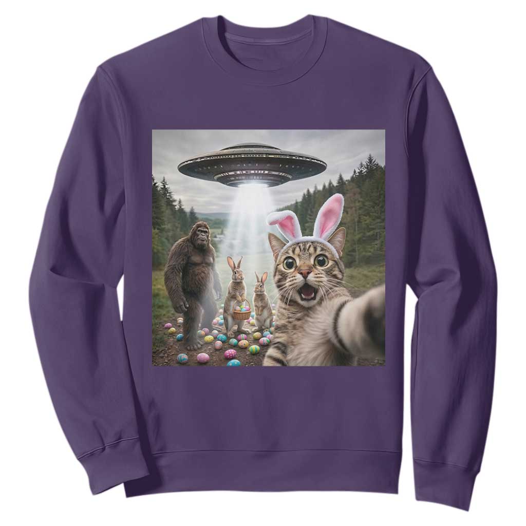 Funny Cat Selfie with Easter Bunny Bigfoot UFO Sweatshirt TS11 Purple Print Your Wear