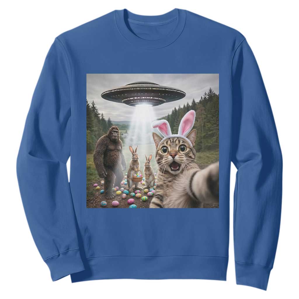 Funny Cat Selfie with Easter Bunny Bigfoot UFO Sweatshirt TS11 Royal Blue Print Your Wear