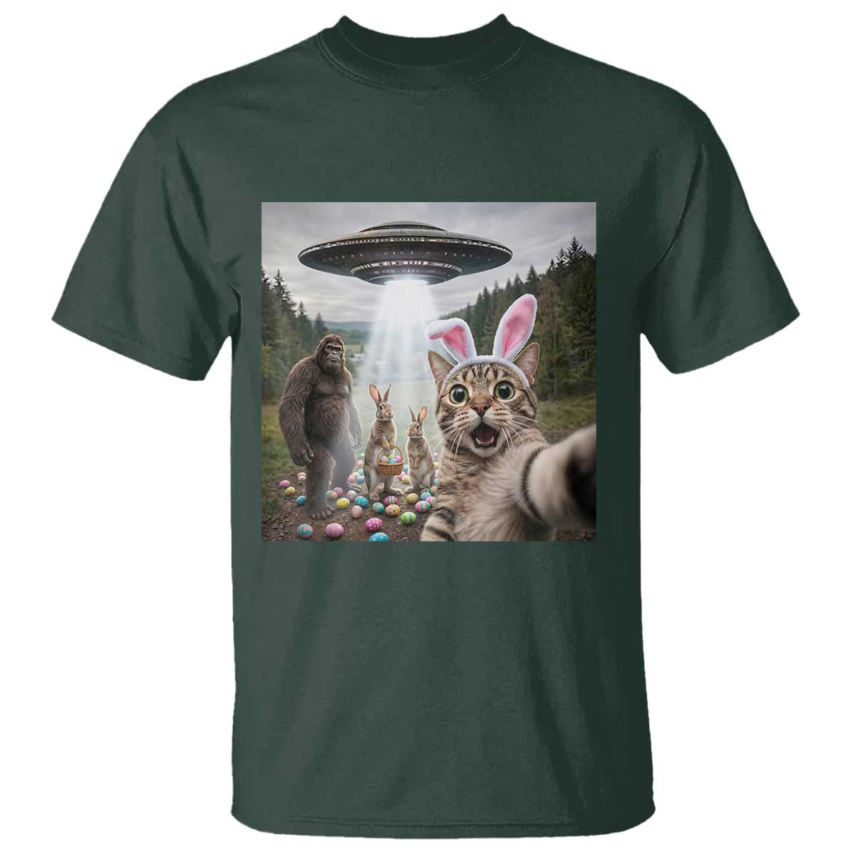 Funny Cat Selfie with Easter Bunny Bigfoot UFO T Shirt TS11 Dark Forest Green Print Your Wear