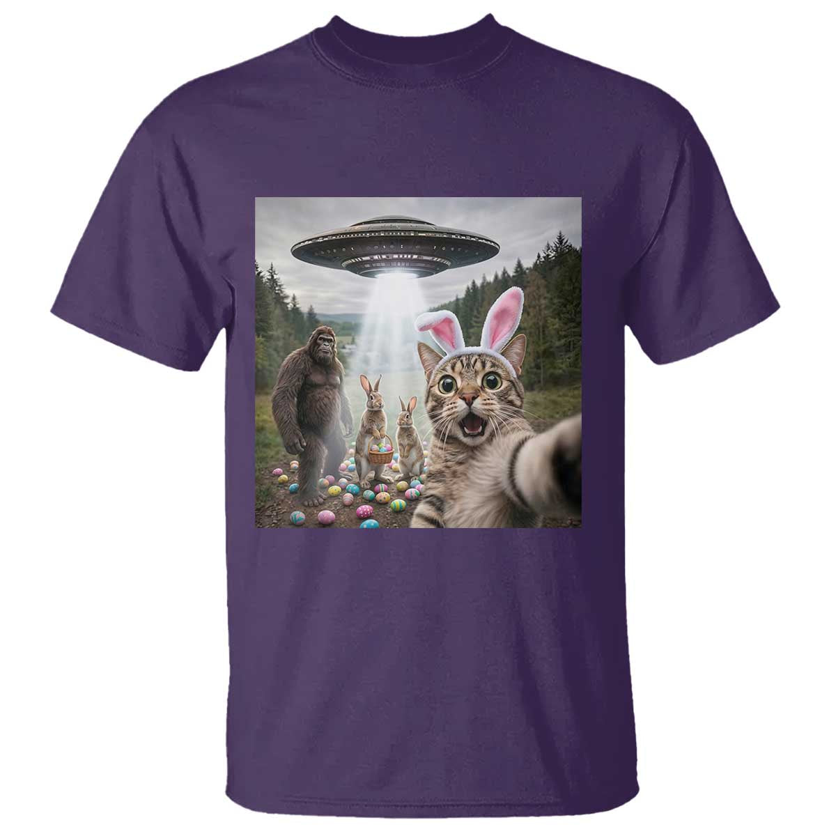 Funny Cat Selfie with Easter Bunny Bigfoot UFO T Shirt TS11 Purple Print Your Wear