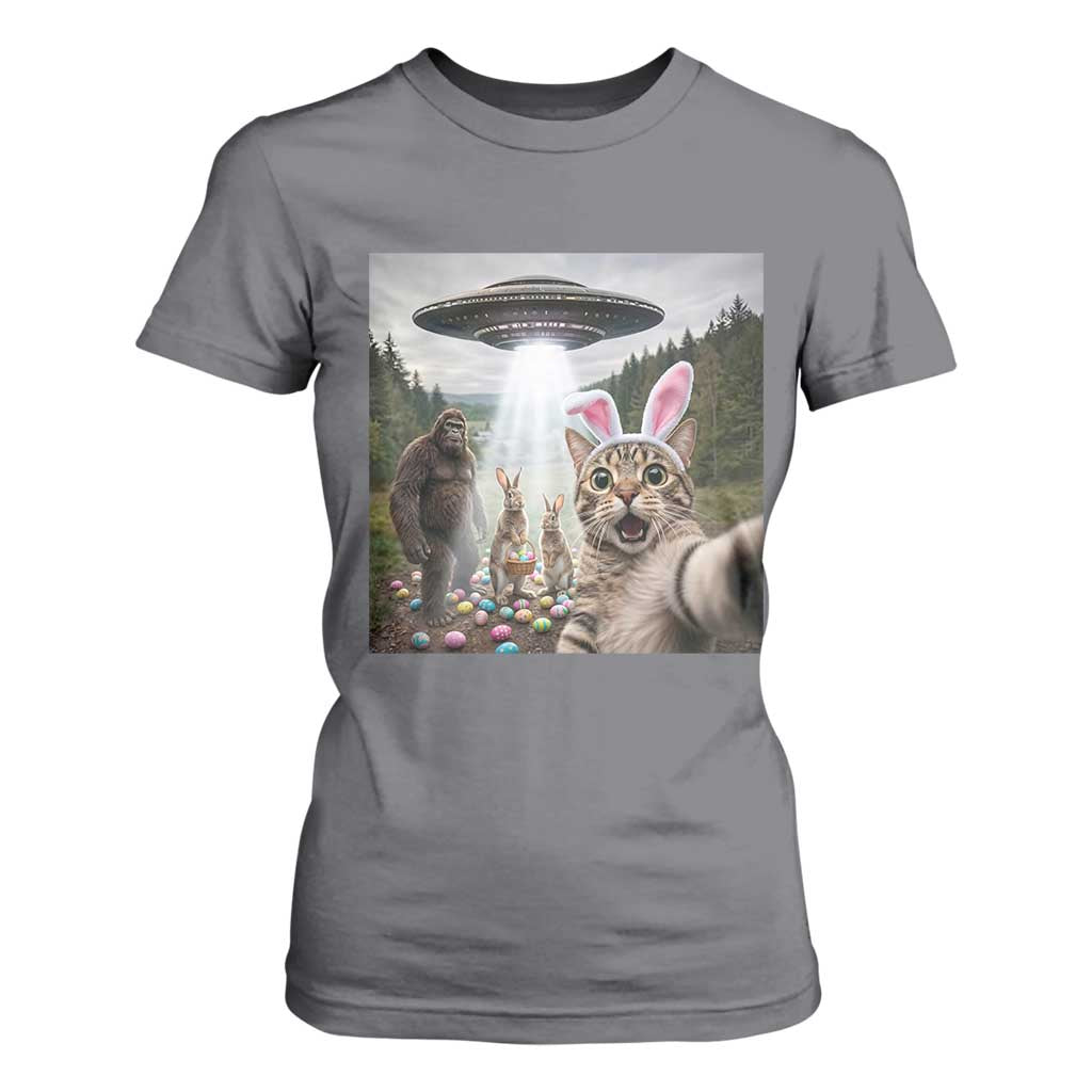Funny Cat Selfie with Easter Bunny Bigfoot UFO T Shirt For Women TS11 Charcoal Print Your Wear