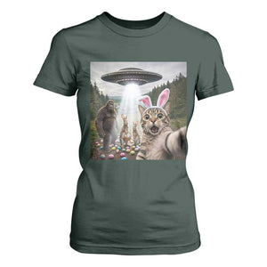 Funny Cat Selfie with Easter Bunny Bigfoot UFO T Shirt For Women TS11 Dark Forest Green Print Your Wear