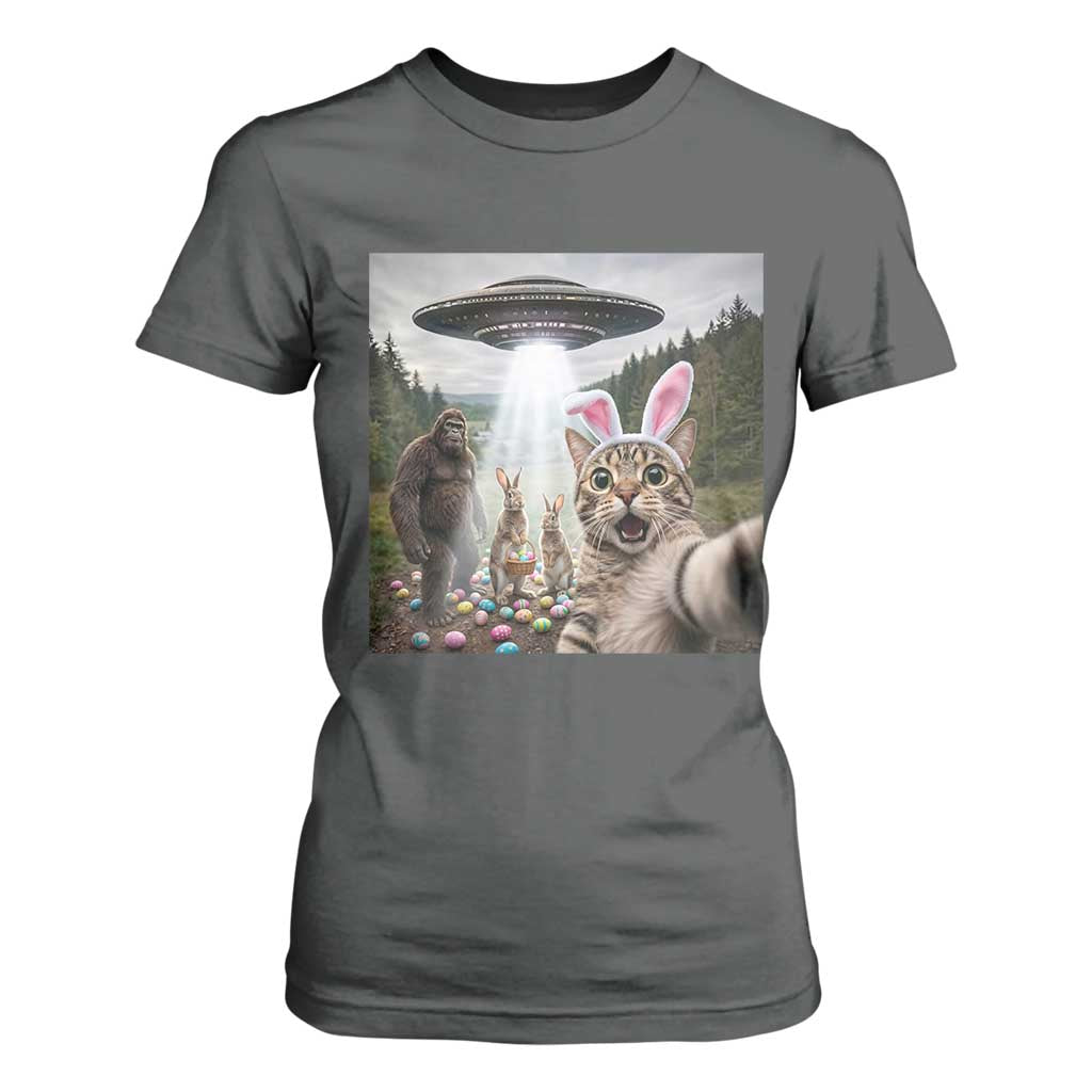 Funny Cat Selfie with Easter Bunny Bigfoot UFO T Shirt For Women TS11 Dark Heather Print Your Wear