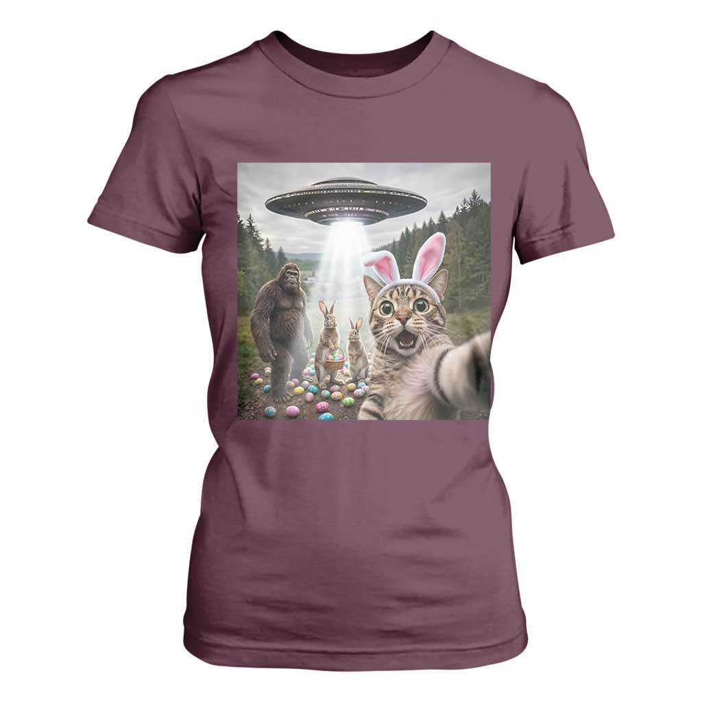 Funny Cat Selfie with Easter Bunny Bigfoot UFO T Shirt For Women TS11 Maroon Print Your Wear