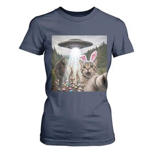 Funny Cat Selfie with Easter Bunny Bigfoot UFO T Shirt For Women TS11 Navy Print Your Wear