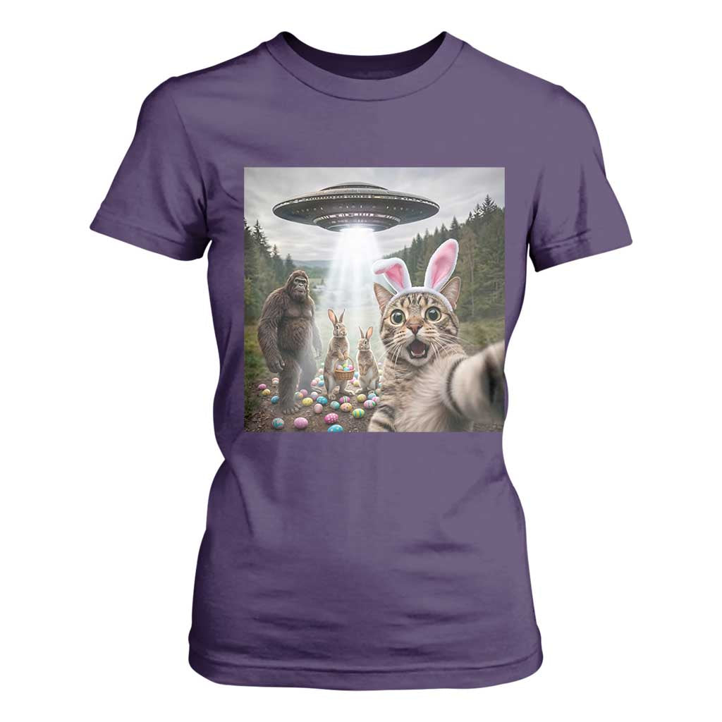 Funny Cat Selfie with Easter Bunny Bigfoot UFO T Shirt For Women TS11 Purple Print Your Wear