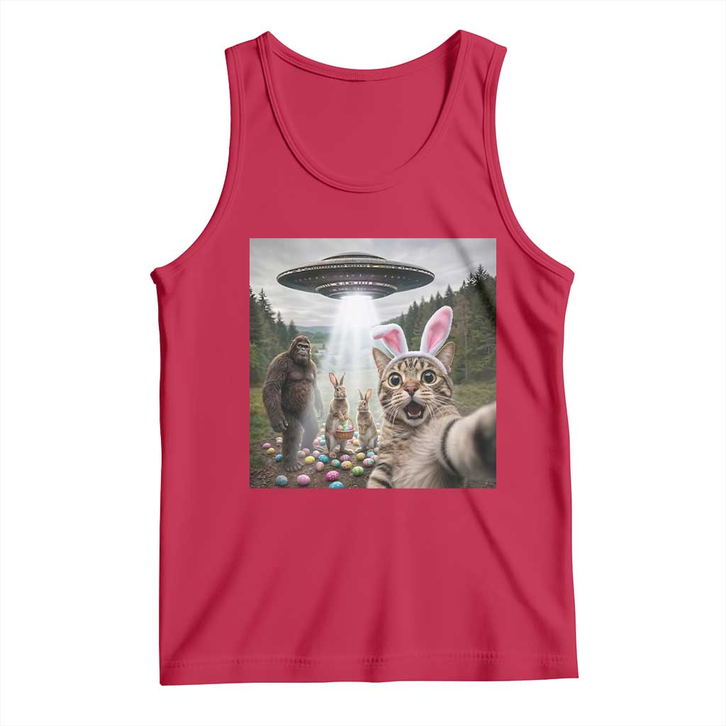 Funny Cat Selfie with Easter Bunny Bigfoot UFO Tank Top TS11 Red Print Your Wear