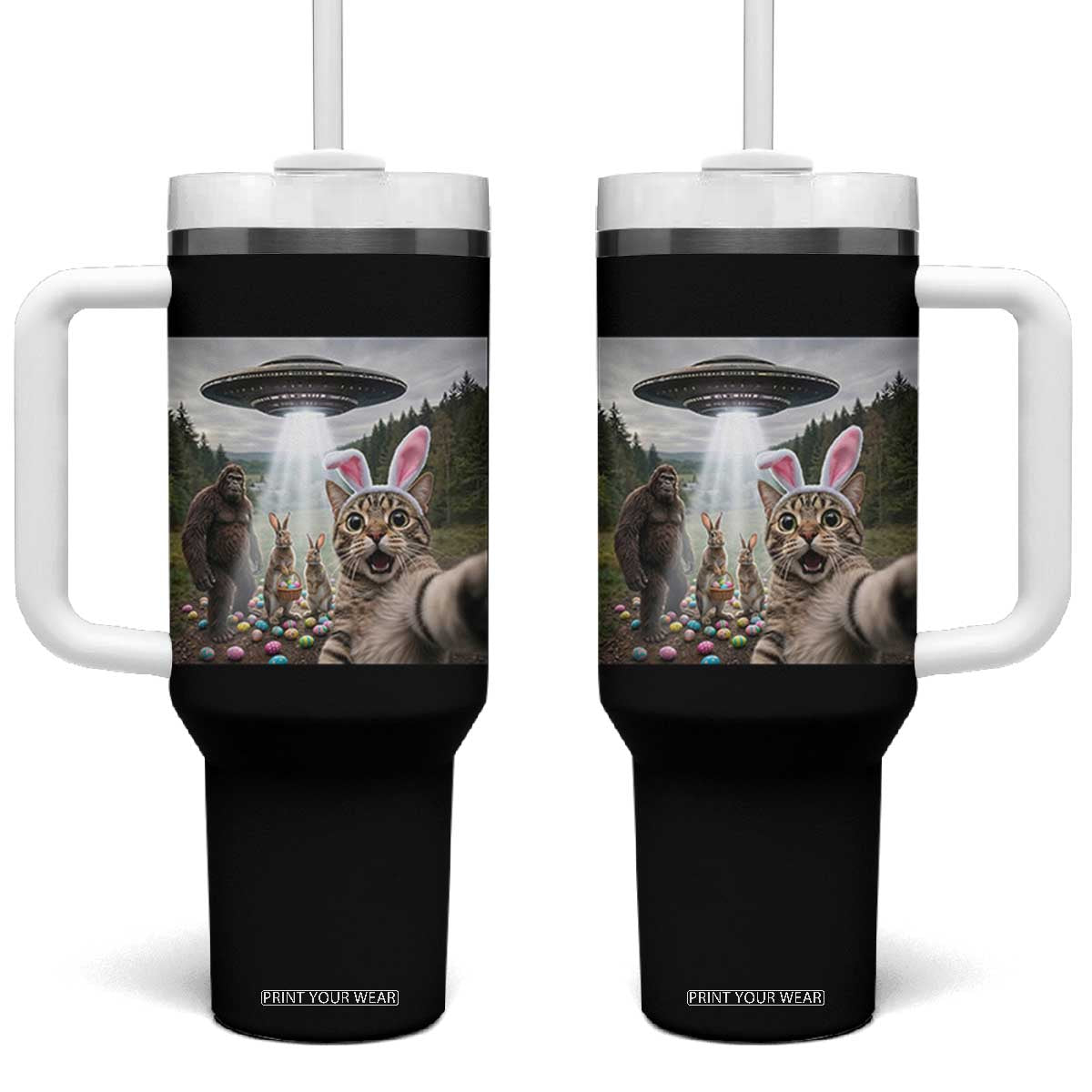 Funny Cat Selfie with Easter Bunny Bigfoot UFO Tumbler With Handle TS11 One Size: 40 oz Black Print Your Wear