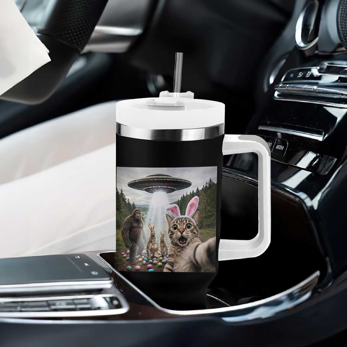 Funny Cat Selfie with Easter Bunny Bigfoot UFO Tumbler With Handle TS11 Print Your Wear