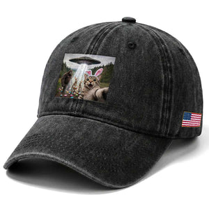 Funny Cat Selfie with Easter Bunny Bigfoot UFO Washed Cotton Baseball Cap TS11 Print Your Wear