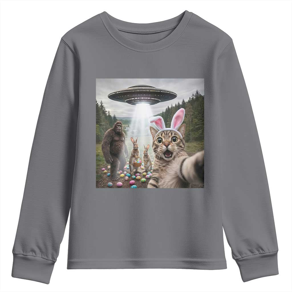 Funny Cat Selfie with Easter Bunny Bigfoot UFO Youth Sweatshirt TS11 Charcoal Print Your Wear