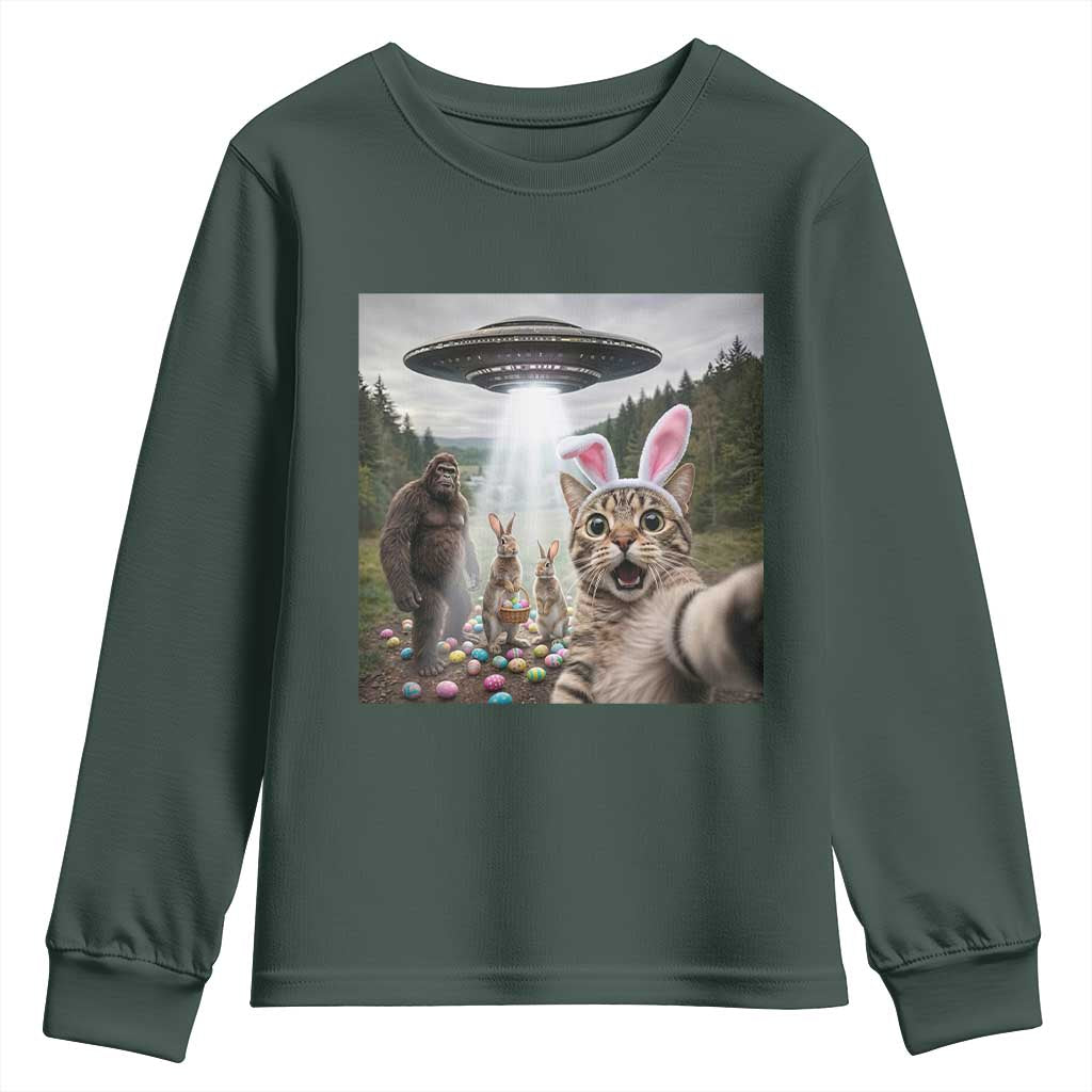 Funny Cat Selfie with Easter Bunny Bigfoot UFO Youth Sweatshirt TS11 Dark Forest Green Print Your Wear