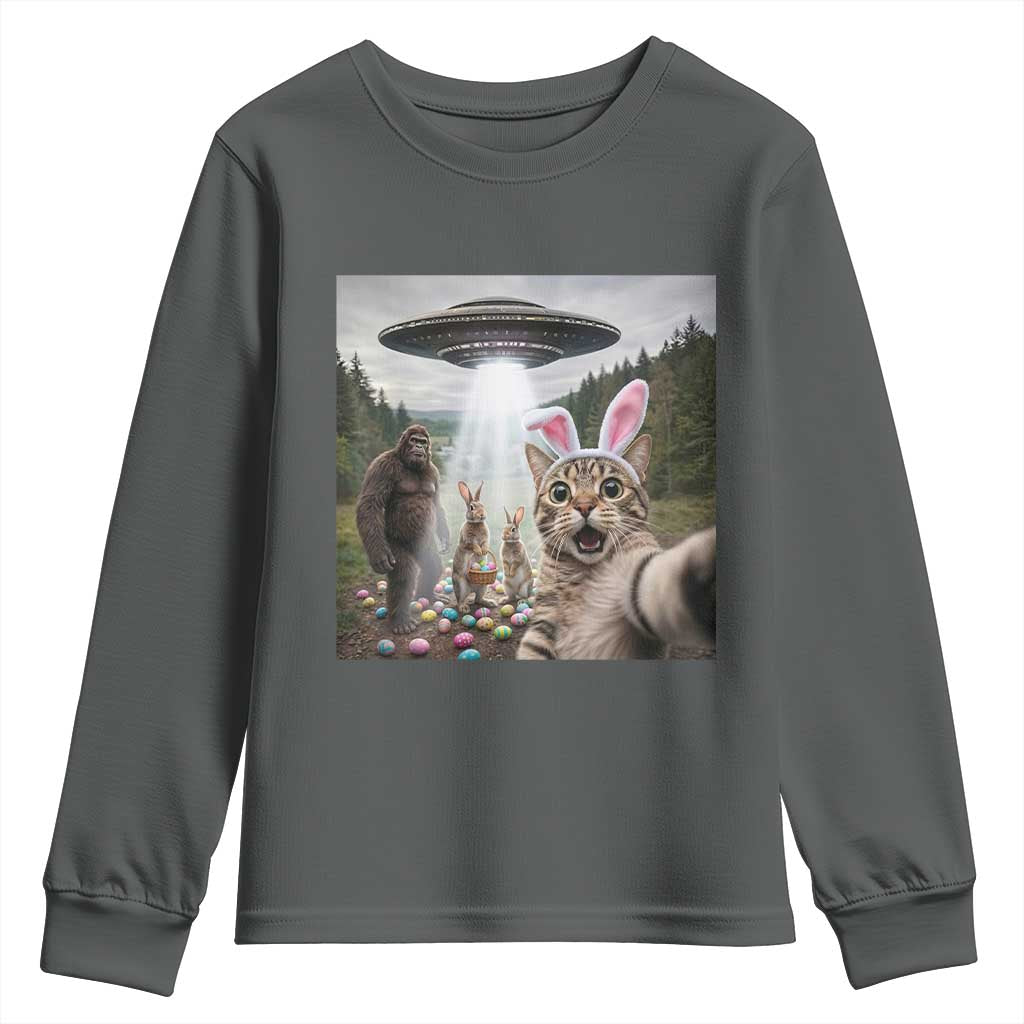 Funny Cat Selfie with Easter Bunny Bigfoot UFO Youth Sweatshirt TS11 Dark Heather Print Your Wear