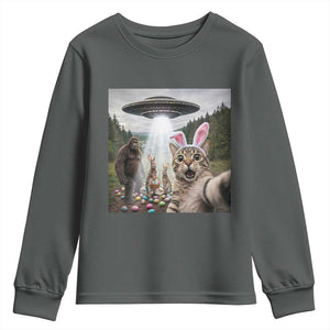 Funny Cat Selfie with Easter Bunny Bigfoot UFO Youth Sweatshirt TS11 Dark Heather Print Your Wear