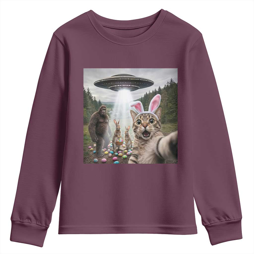 Funny Cat Selfie with Easter Bunny Bigfoot UFO Youth Sweatshirt TS11 Maroon Print Your Wear
