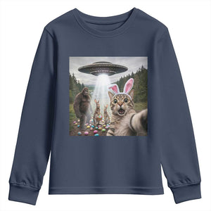 Funny Cat Selfie with Easter Bunny Bigfoot UFO Youth Sweatshirt TS11 Navy Print Your Wear