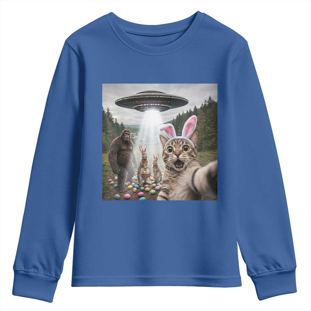 Funny Cat Selfie with Easter Bunny Bigfoot UFO Youth Sweatshirt TS11 Royal Blue Print Your Wear