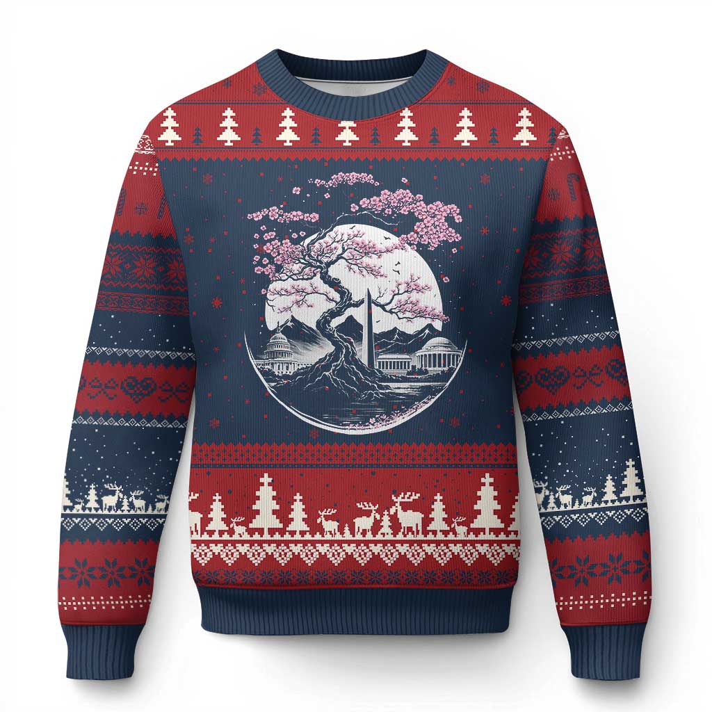 Washington DC Cherry Blossoms Monuments Memorials Japanese Style Ugly Christmas Sweater TS11 Navy Red Print Your Wear