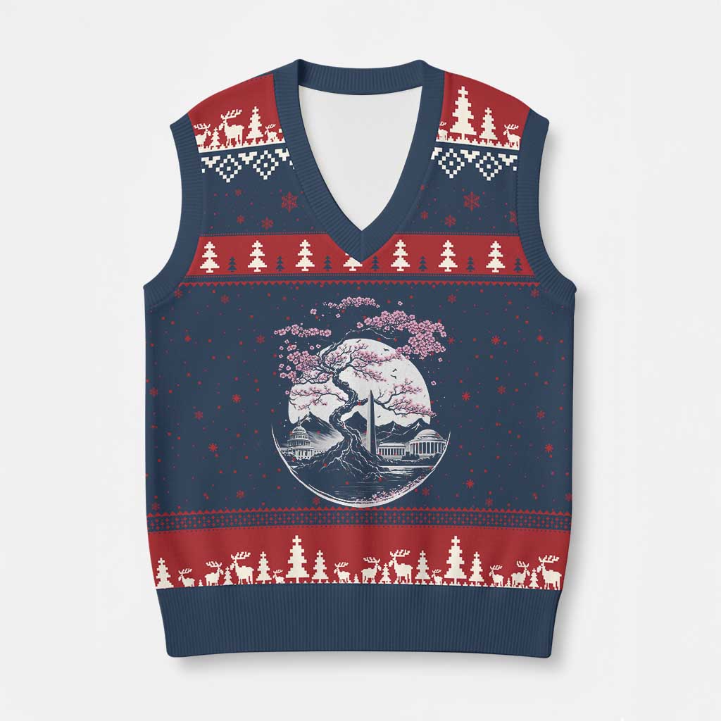 Washington DC Cherry Blossoms Monuments Memorials Japanese Style V-Neck Knit Sweater Vest TS11 Navy Red Print Your Wear