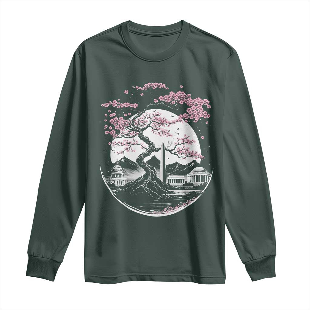 Washington DC Cherry Blossoms Monuments Memorials Japanese Style Long Sleeve Shirt TS11 Dark Forest Green Print Your Wear