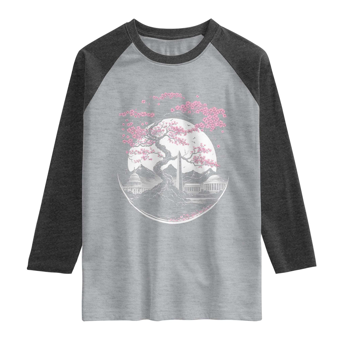 Washington DC Cherry Blossoms Monuments Memorials Japanese Style Raglan Shirt TS11 Heather Gray Heather Charcoal Print Your Wear