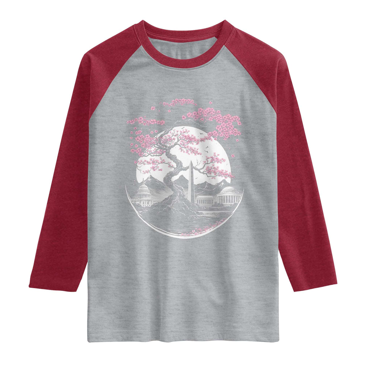 Washington DC Cherry Blossoms Monuments Memorials Japanese Style Raglan Shirt TS11 Heather Gray Heather Red Print Your Wear