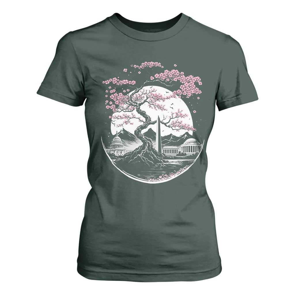 Washington DC Cherry Blossoms Monuments Memorials Japanese Style T Shirt For Women TS11 Dark Forest Green Print Your Wear