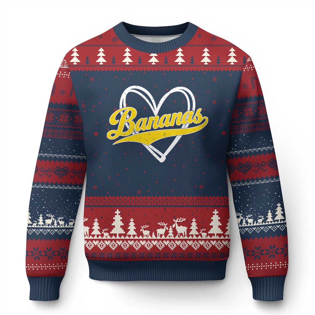 Bananas Vintage Heart Baseball Fan Game Day Ugly Christmas Sweater TS11 Navy Red Print Your Wear